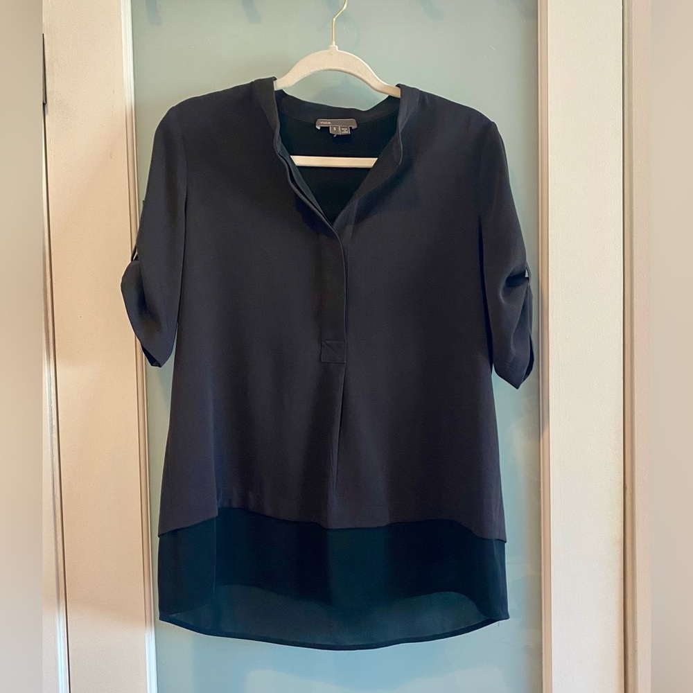 Vince Black Layered High-Low V-Neck Blouse